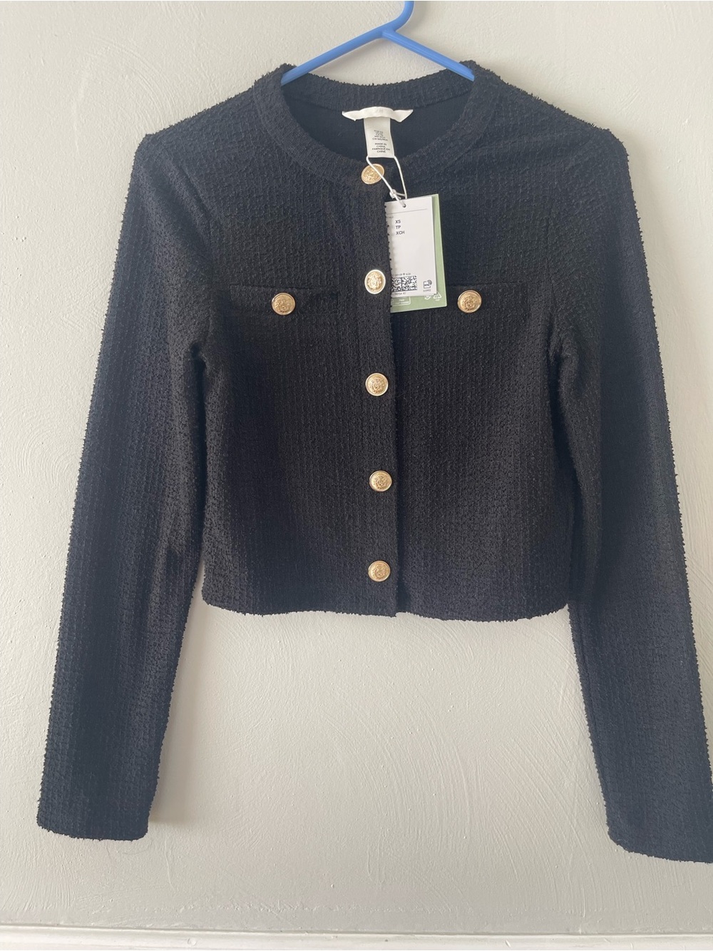 H&M Black Cropped Bouclé Blazer with Gold Buttons